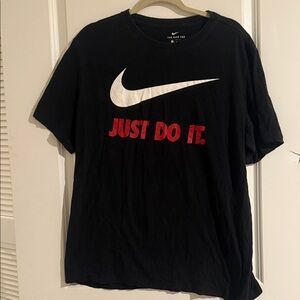 Nike Men's Black Tee with White Swoosh and Red Text